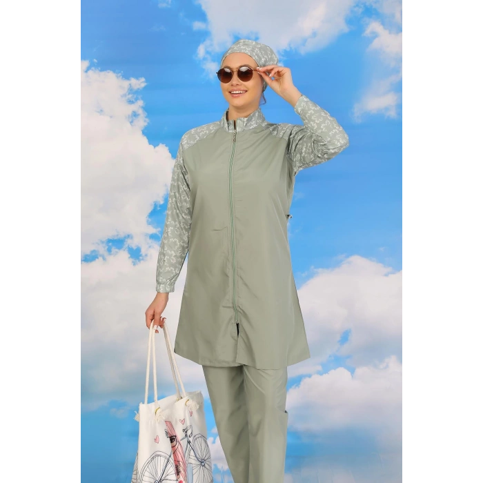 Moda Çizgi Kadın Pantolonlu Desenli Tam Tesettür Mayo Su Yeşili 31072