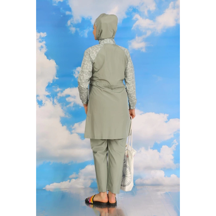 Moda Çizgi Kadın Pantolonlu Desenli Tam Tesettür Mayo Su Yeşili 31072