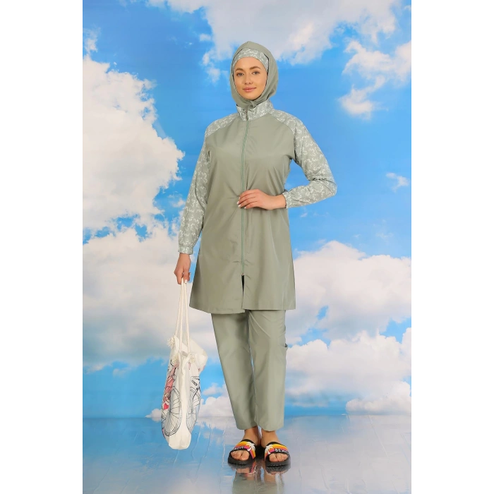 Moda Çizgi Kadın Pantolonlu Desenli Tam Tesettür Mayo Su Yeşili 31072