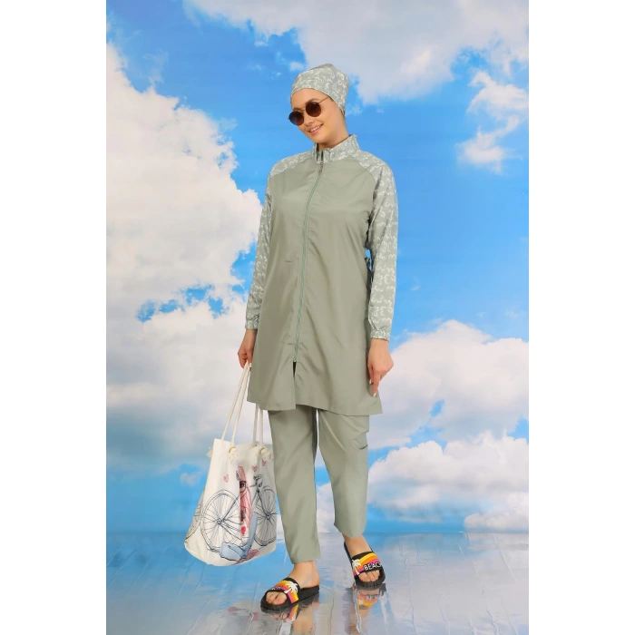 Moda Çizgi Kadın Pantolonlu Desenli Tam Tesettür Mayo Su Yeşili 31072