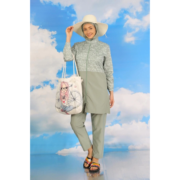 Moda Çizgi Kadın Pantolonlu Desenli Tam Tesettür Mayo Su Yeşili 31074