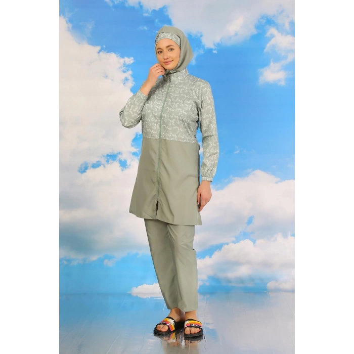 Moda Çizgi Kadın Pantolonlu Desenli Tam Tesettür Mayo Su Yeşili 31074