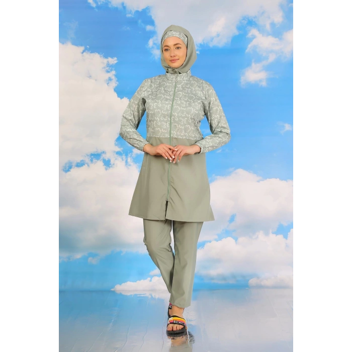 Moda Çizgi Kadın Pantolonlu Desenli Tam Tesettür Mayo Su Yeşili 31074