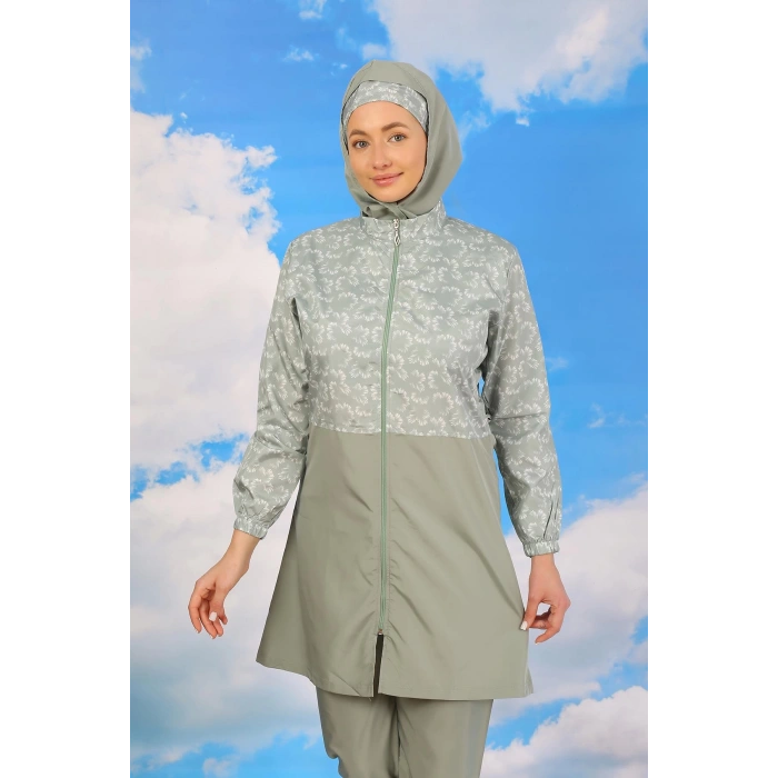 Moda Çizgi Kadın Pantolonlu Desenli Tam Tesettür Mayo Su Yeşili 31074