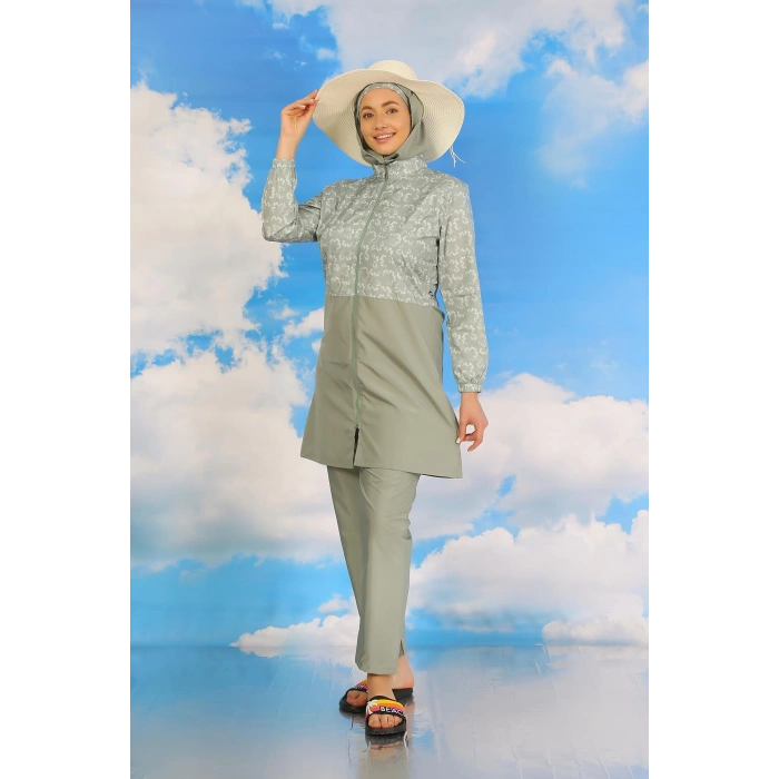 Moda Çizgi Kadın Pantolonlu Desenli Tam Tesettür Mayo Su Yeşili 31074