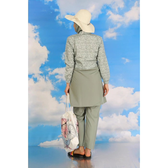 Moda Çizgi Kadın Pantolonlu Desenli Tam Tesettür Mayo Su Yeşili 31074