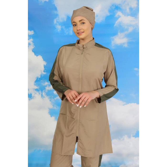 Moda Çizgi Kadın Pantolonlu Kolu Şeritli Tam Tesettür Mayo Bej 31065