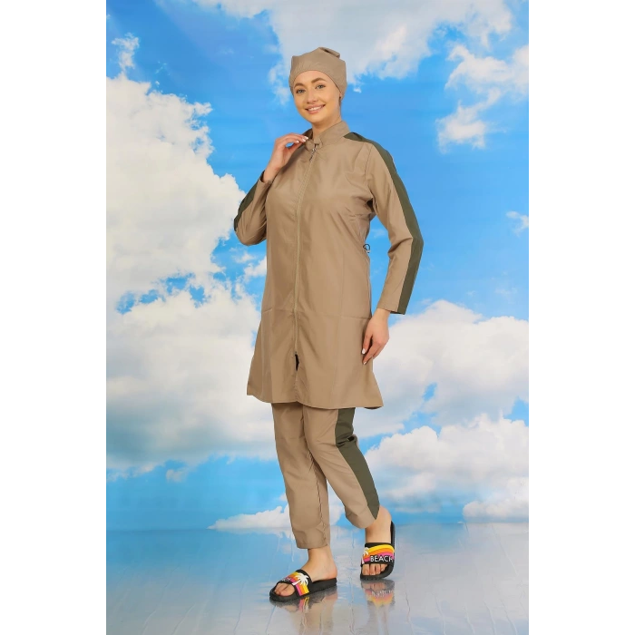 Moda Çizgi Kadın Pantolonlu Kolu Şeritli Tam Tesettür Mayo Bej 31065