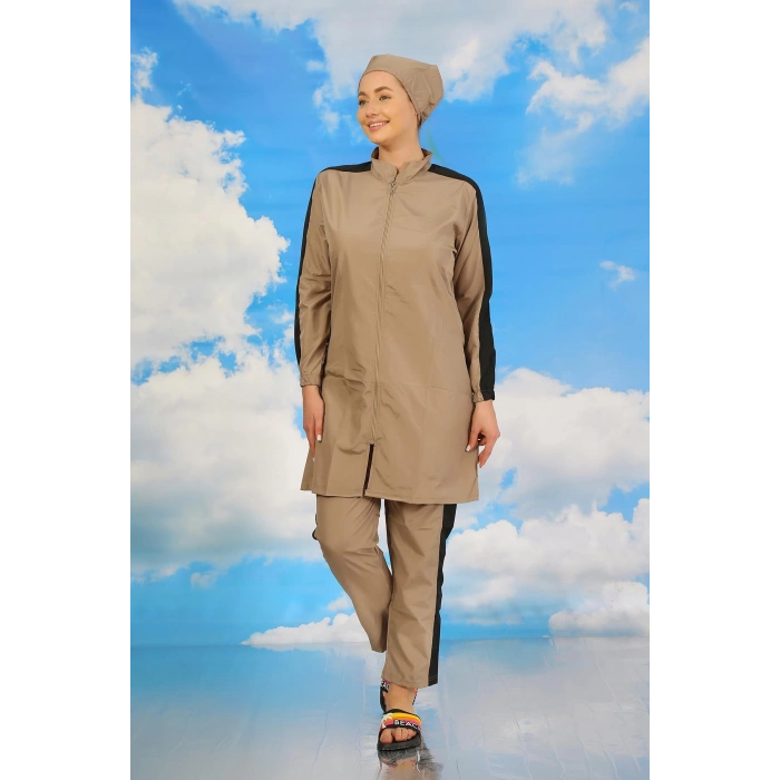 Moda Çizgi Kadın Pantolonlu Kolu Şeritli Tam Tesettür Mayo Bej 31066