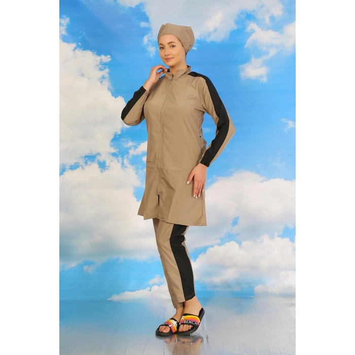 Moda Çizgi Kadın Pantolonlu Kolu Şeritli Tam Tesettür Mayo Bej 31066