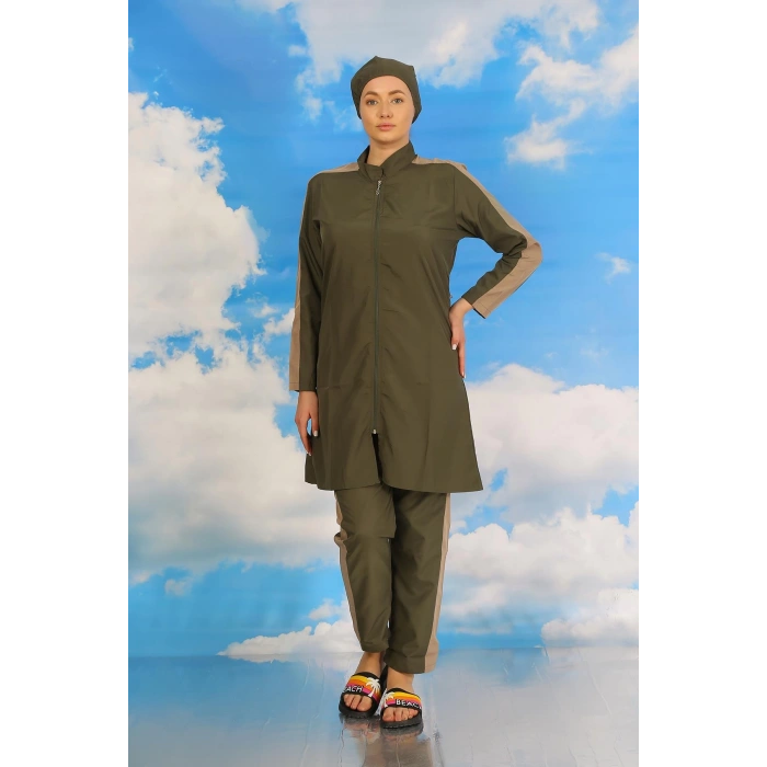 Moda Çizgi Kadın Pantolonlu Kolu Şeritli Tam Tesettür Mayo Haki 31065