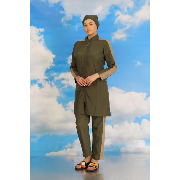 Moda Çizgi Kadın Pantolonlu Kolu Şeritli Tam Tesettür Mayo Haki 31065