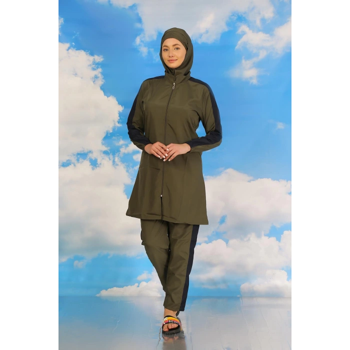 Moda Çizgi Kadın Pantolonlu Kolu Şeritli Tam Tesettür Mayo Haki 31066