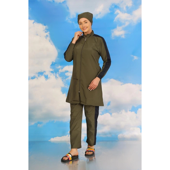 Moda Çizgi Kadın Pantolonlu Kolu Şeritli Tam Tesettür Mayo Haki 31066