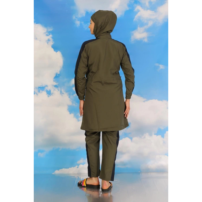 Moda Çizgi Kadın Pantolonlu Kolu Şeritli Tam Tesettür Mayo Haki 31066