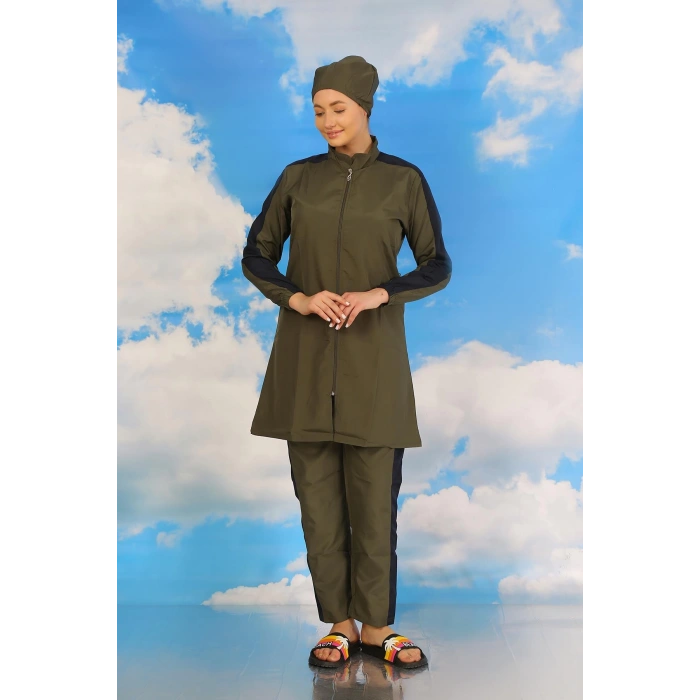 Moda Çizgi Kadın Pantolonlu Kolu Şeritli Tam Tesettür Mayo Haki 31066