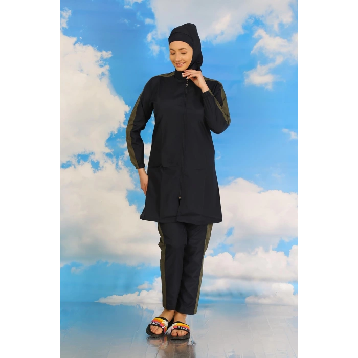 Moda Çizgi Kadın Pantolonlu Kolu Şeritli Tam Tesettür Mayo Lacivert 31065