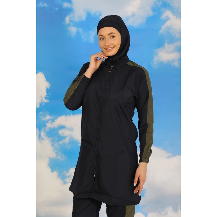 Moda Çizgi Kadın Pantolonlu Kolu Şeritli Tam Tesettür Mayo Lacivert 31065