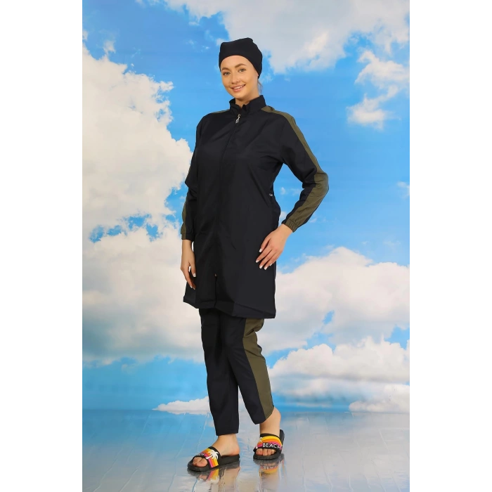 Moda Çizgi Kadın Pantolonlu Kolu Şeritli Tam Tesettür Mayo Lacivert 31065