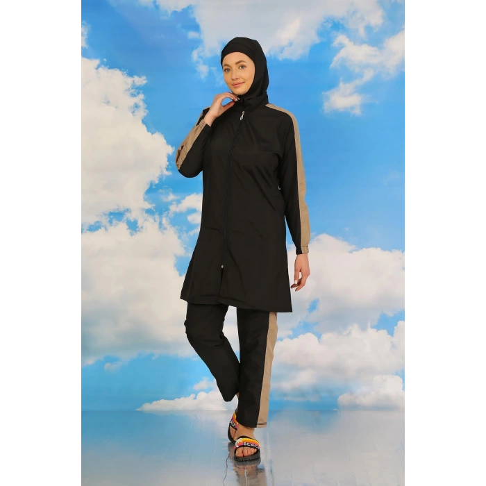 Moda Çizgi Kadın Pantolonlu Kolu Şeritli Tam Tesettür Mayo Siyah 31065