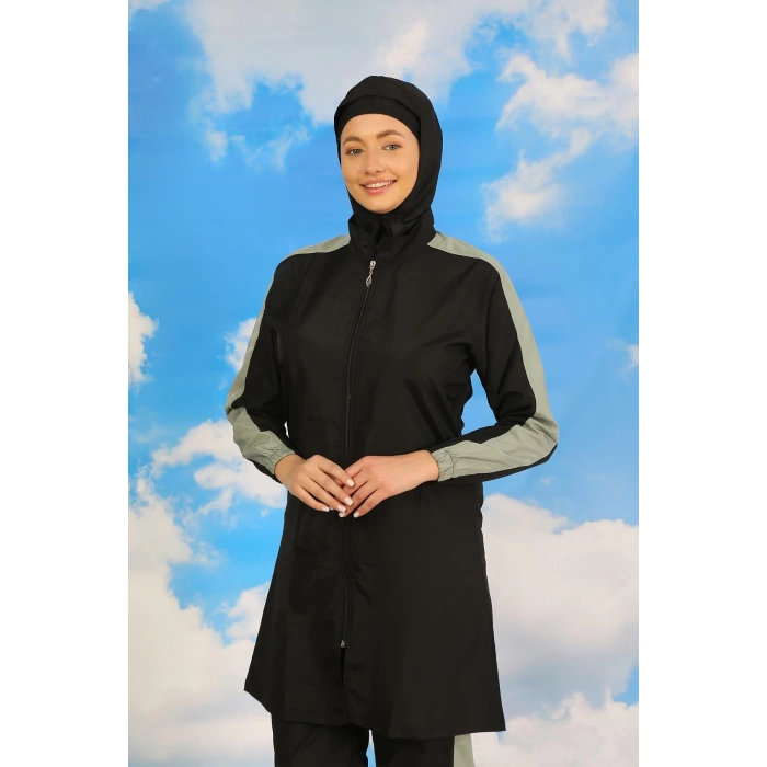 Moda Çizgi Kadın Pantolonlu Kolu Şeritli Tam Tesettür Mayo Siyah 31066