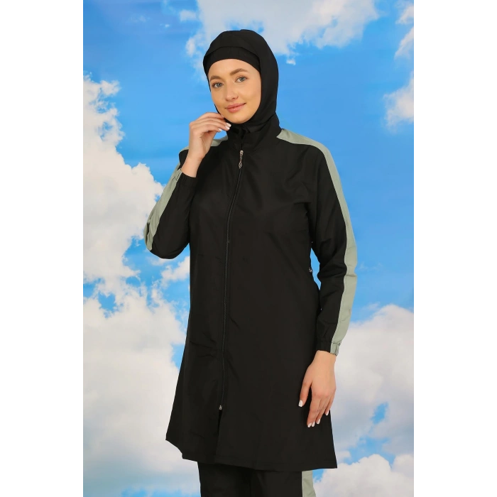 Moda Çizgi Kadın Pantolonlu Kolu Şeritli Tam Tesettür Mayo Siyah 31066