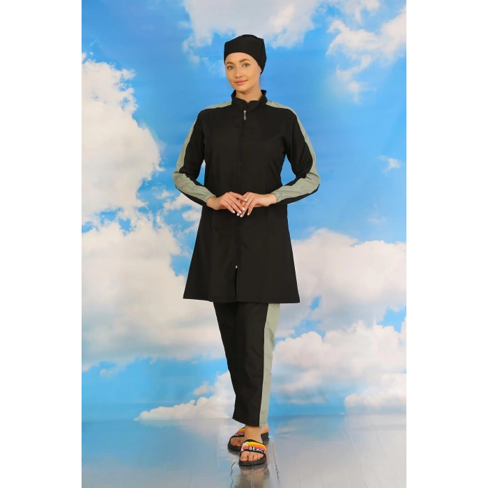 Moda Çizgi Kadın Pantolonlu Kolu Şeritli Tam Tesettür Mayo Siyah 31066