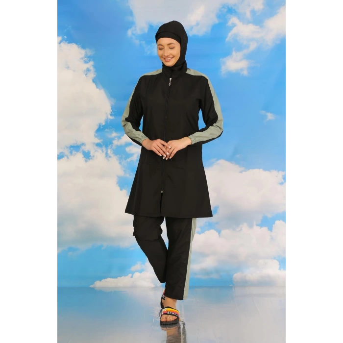 Moda Çizgi Kadın Pantolonlu Kolu Şeritli Tam Tesettür Mayo Siyah 31066