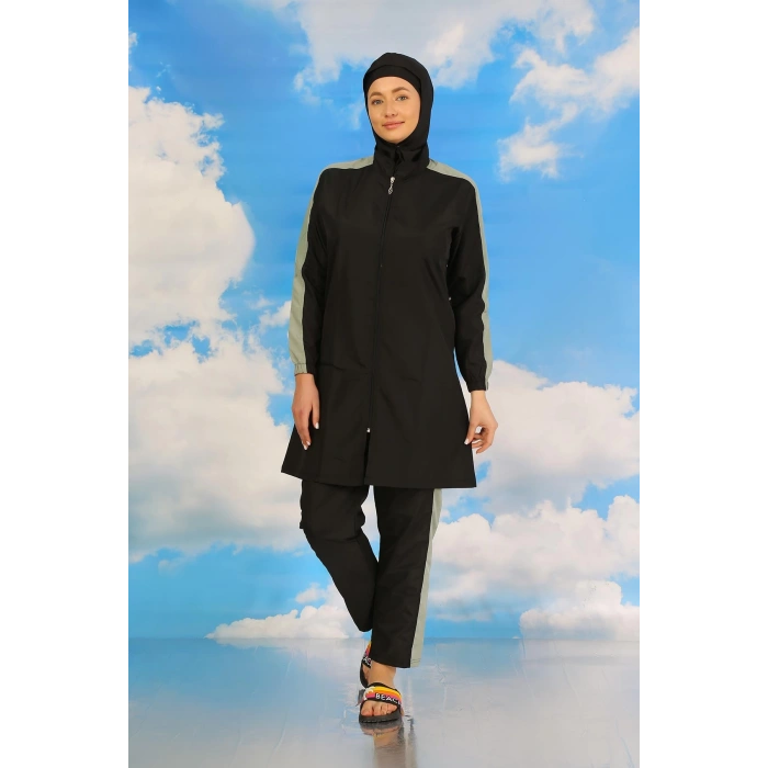 Moda Çizgi Kadın Pantolonlu Kolu Şeritli Tam Tesettür Mayo Siyah 31066