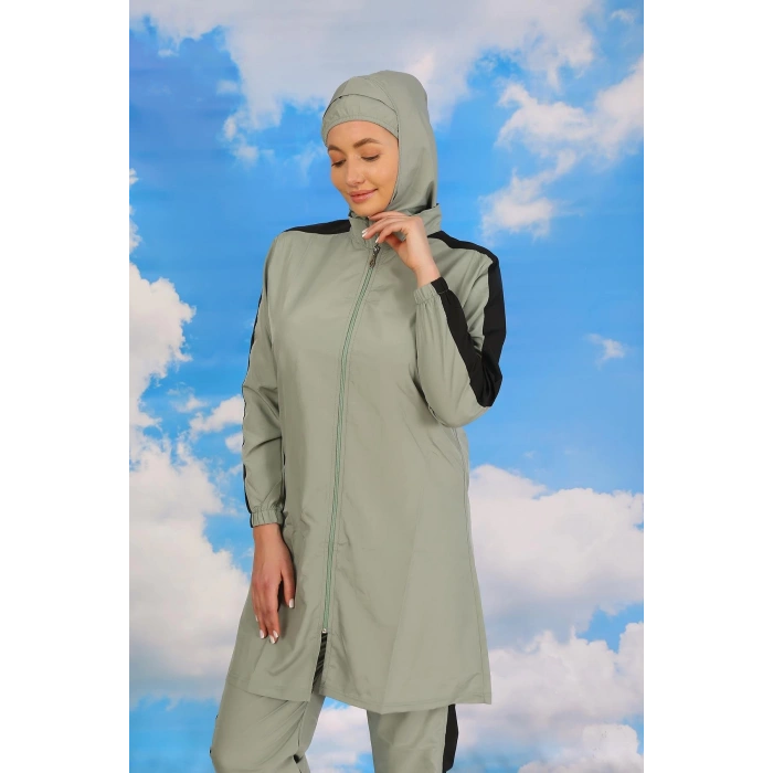 Moda Çizgi Kadın Pantolonlu Kolu Şeritli Tam Tesettür Mayo Su Yeşili 31065