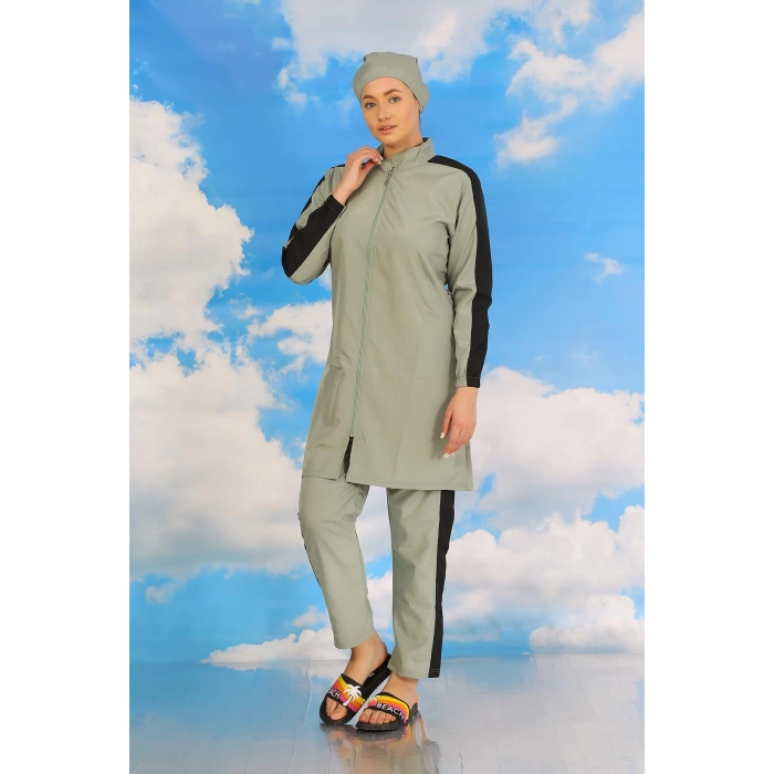 Moda Çizgi Kadın Pantolonlu Kolu Şeritli Tam Tesettür Mayo Su Yeşili 31065