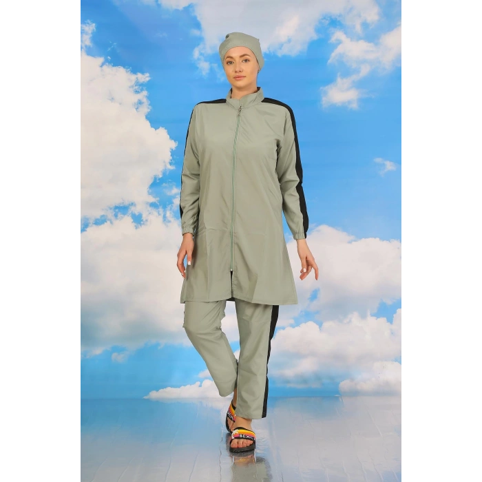 Moda Çizgi Kadın Pantolonlu Kolu Şeritli Tam Tesettür Mayo Su Yeşili 31065