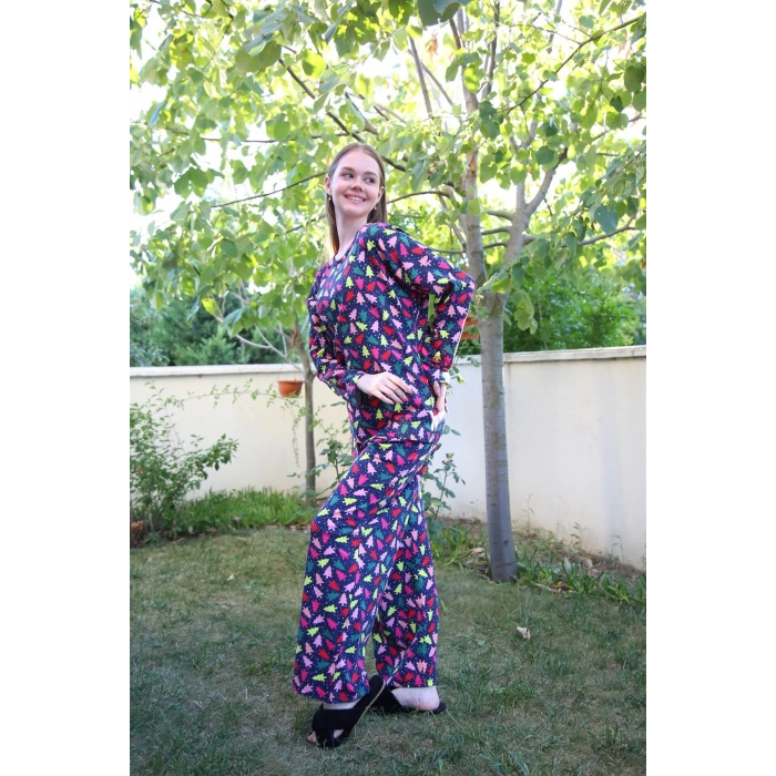Moda Çizgi Kadın Penye Bol Paça Pijama Takım 4123