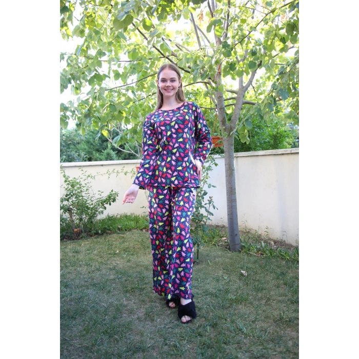 Moda Çizgi Kadın Penye Bol Paça Pijama Takım 4123