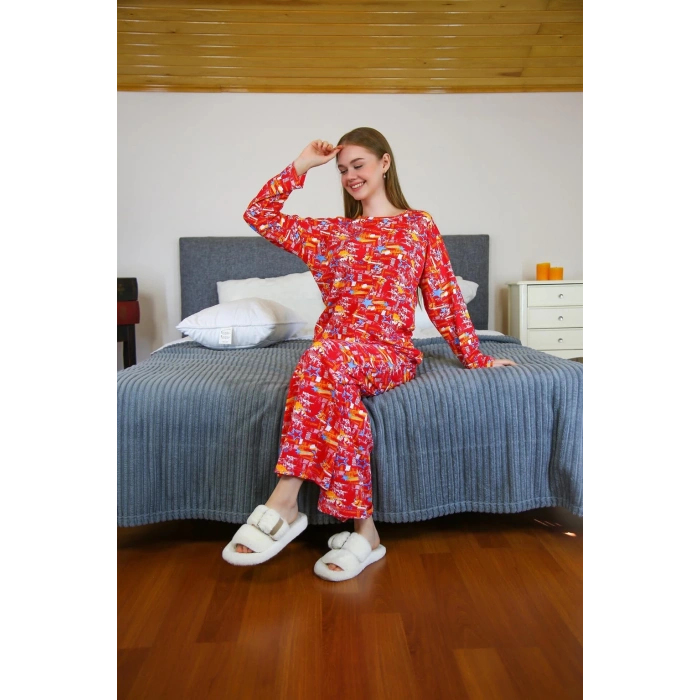 moda çizgi Kadın Penye Bol Paça Pijama Takım 4127