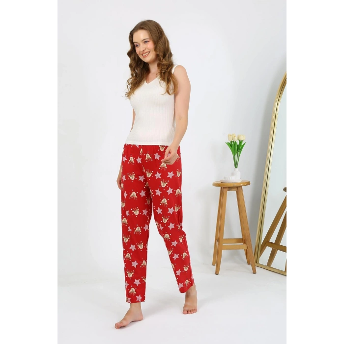 Moda Çizgi Kadın Penye Desenli Tek Alt Pijama 27530 Bordo