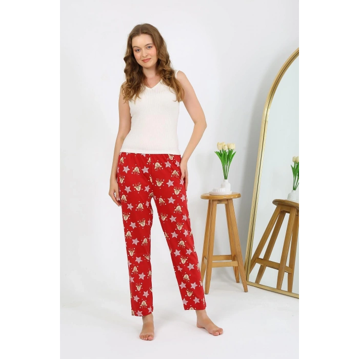 Moda Çizgi Kadın Penye Desenli Tek Alt Pijama 27530 Bordo
