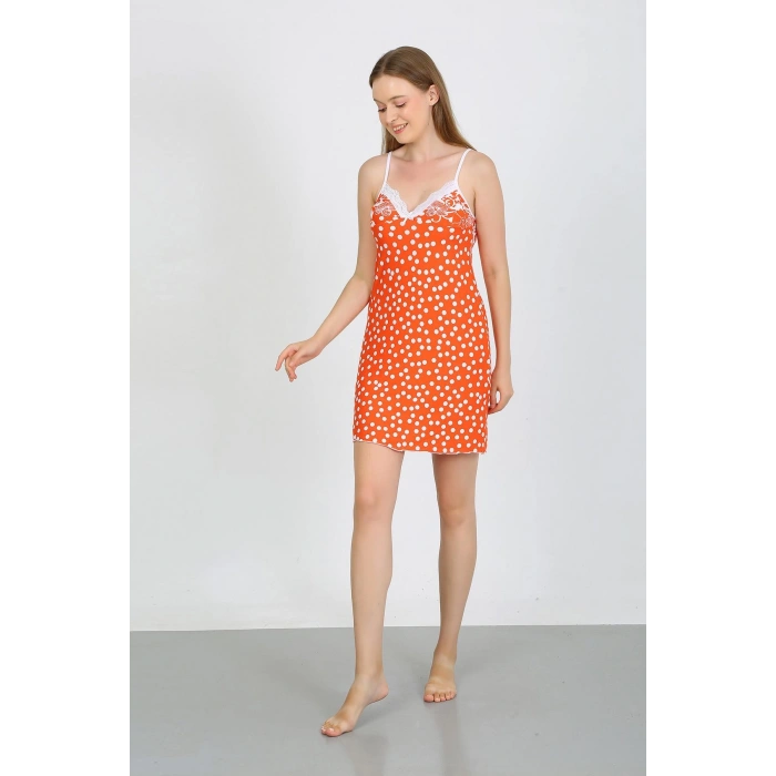 Moda Çizgi Kadın Penye İp Askılı Beyaz Puantiyeli Gecelik 36711 Turuncu