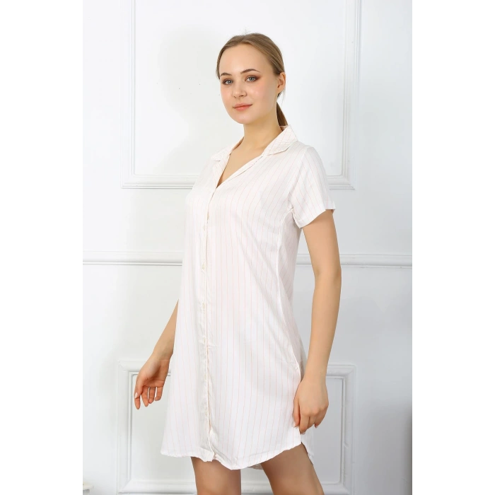 Moda Çizgi Kadın Penye Kısa Kol Düğmeli Ekru Tunik Gecelik 13107