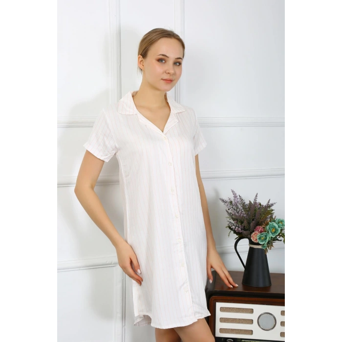 Moda Çizgi Kadın Penye Kısa Kol Düğmeli Ekru Tunik Gecelik 13107