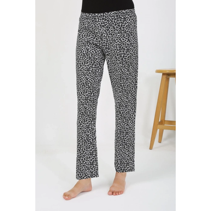 Moda Çizgi Kadın Penye Leopar Desenli Tek Alt Pijama 27536 Gri