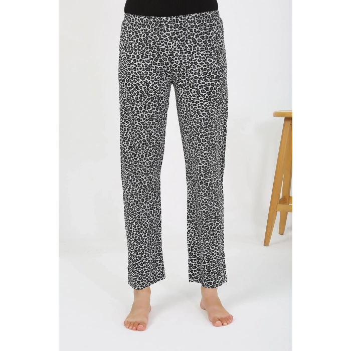 Moda Çizgi Kadın Penye Leopar Desenli Tek Alt Pijama 27536 Gri