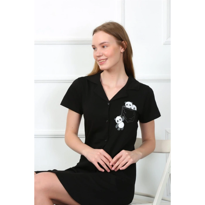 Moda Çizgi Kadın Penye Önden Düğmeli Siyah Tunik Gecelik 1032