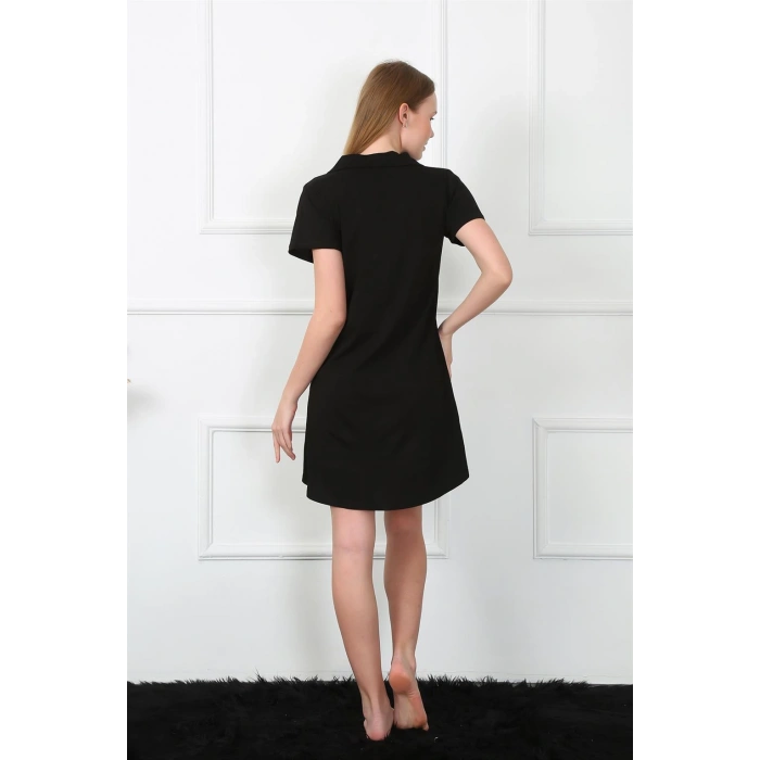 Moda Çizgi Kadın Penye Önden Düğmeli Siyah Tunik Gecelik 1032