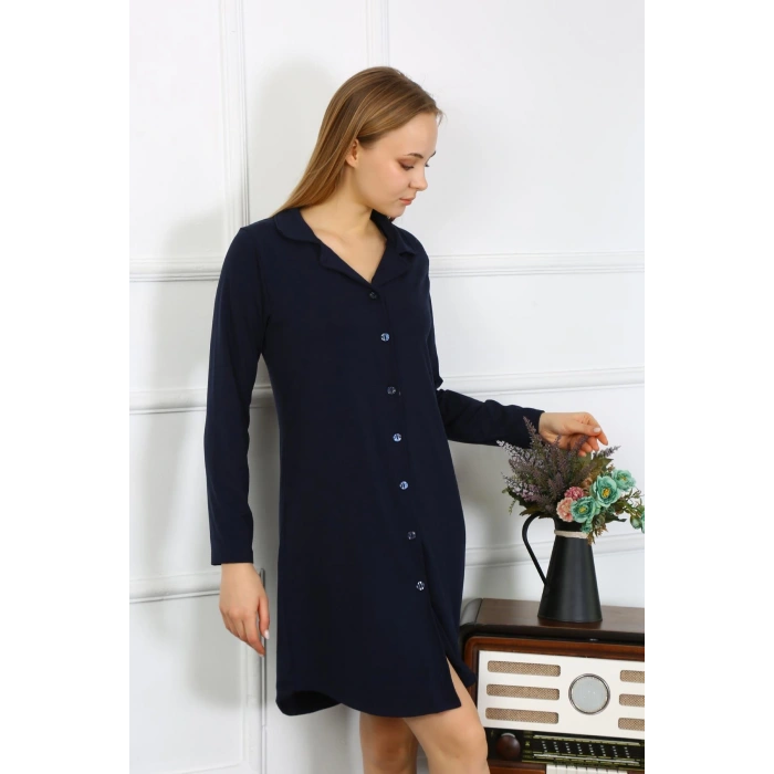 Moda Çizgi Kadın Penye Uzun Kol Düğmeli Lacivert Tunik Gecelik 13103