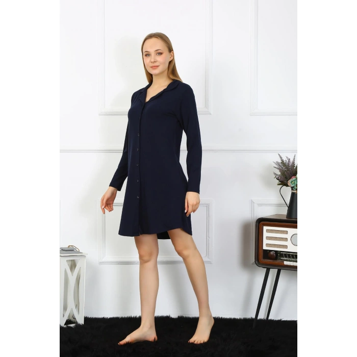 Moda Çizgi Kadın Penye Uzun Kol Düğmeli Lacivert Tunik Gecelik 13103