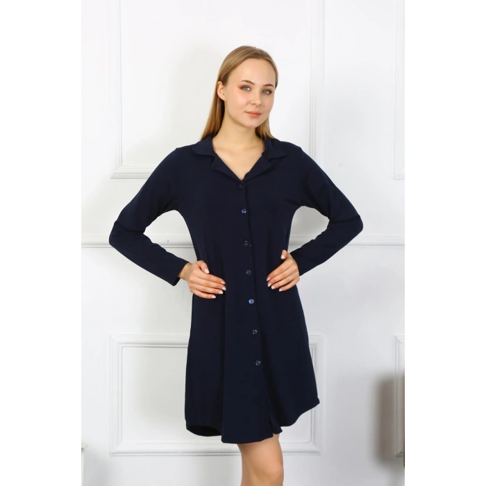 Moda Çizgi Kadın Penye Uzun Kol Düğmeli Lacivert Tunik Gecelik 13103