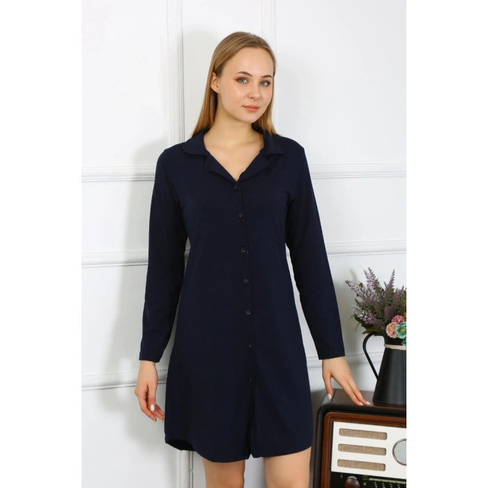 Moda Çizgi Kadın Penye Uzun Kol Düğmeli Lacivert Tunik Gecelik 13103