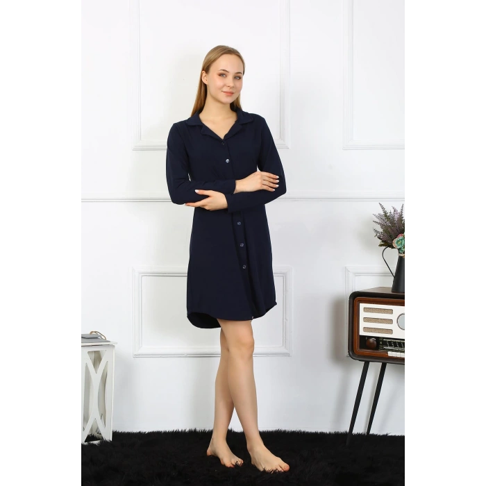 Moda Çizgi Kadın Penye Uzun Kol Düğmeli Lacivert Tunik Gecelik 13103