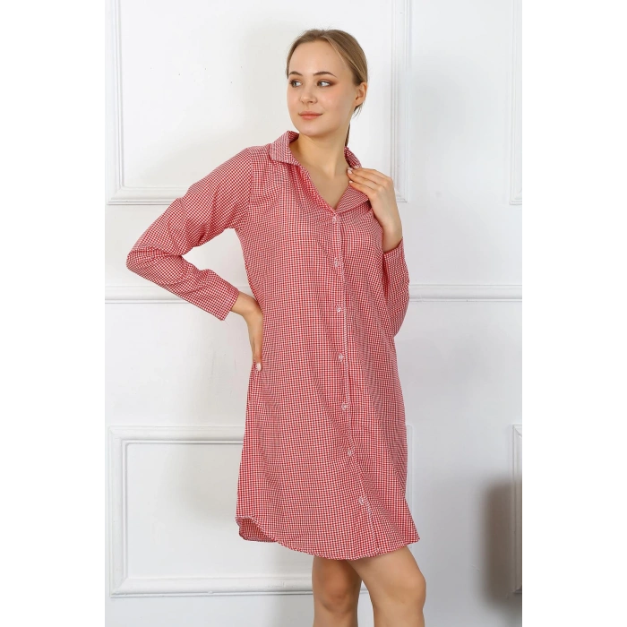 Moda Çizgi Kadın Penye Uzun Kol Düğmeli Tunik Gecelik 13101